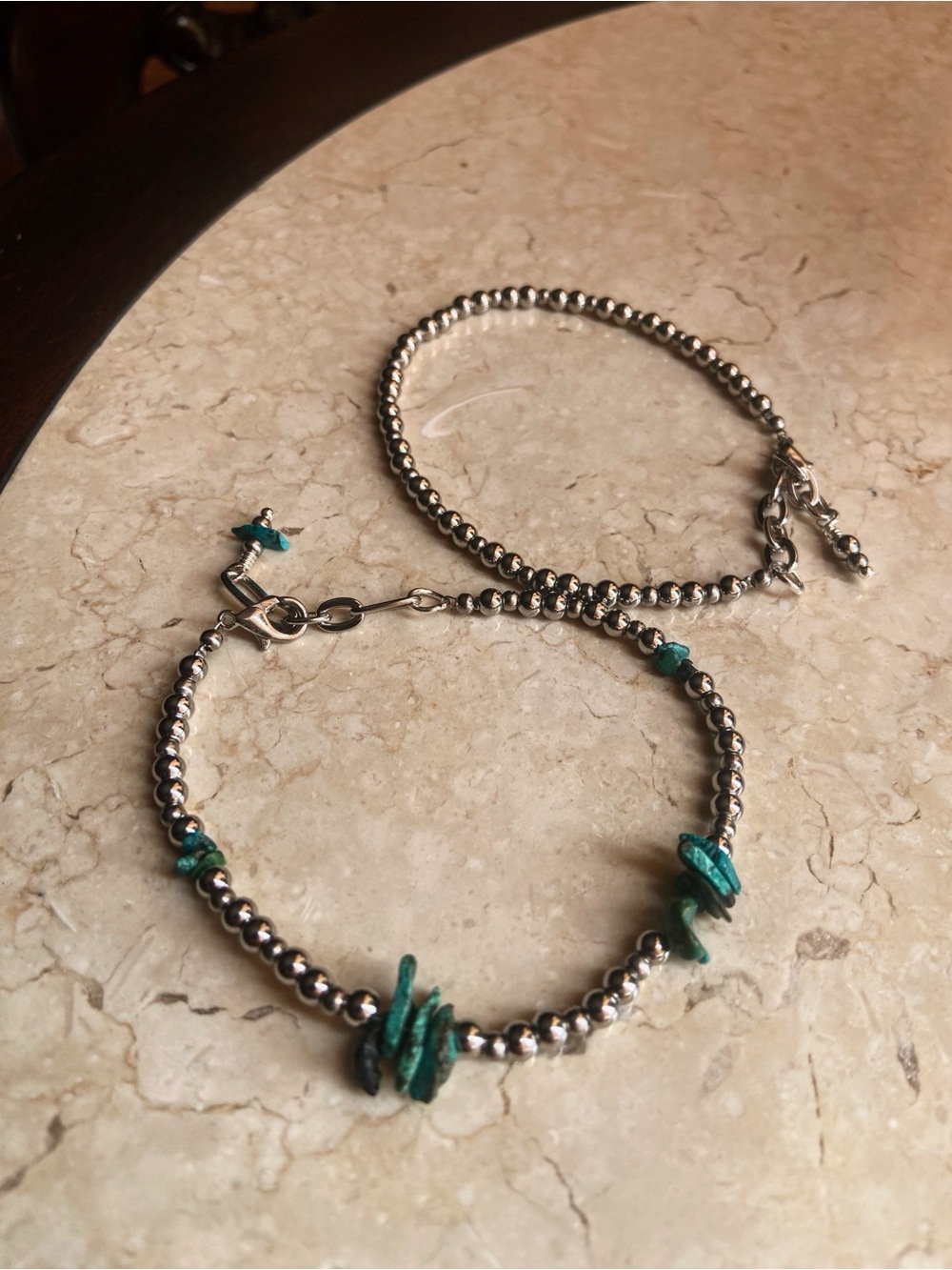 Stainless Steel Bead Bracelet Set with Turquoise Accent - Navajo Pearl Style